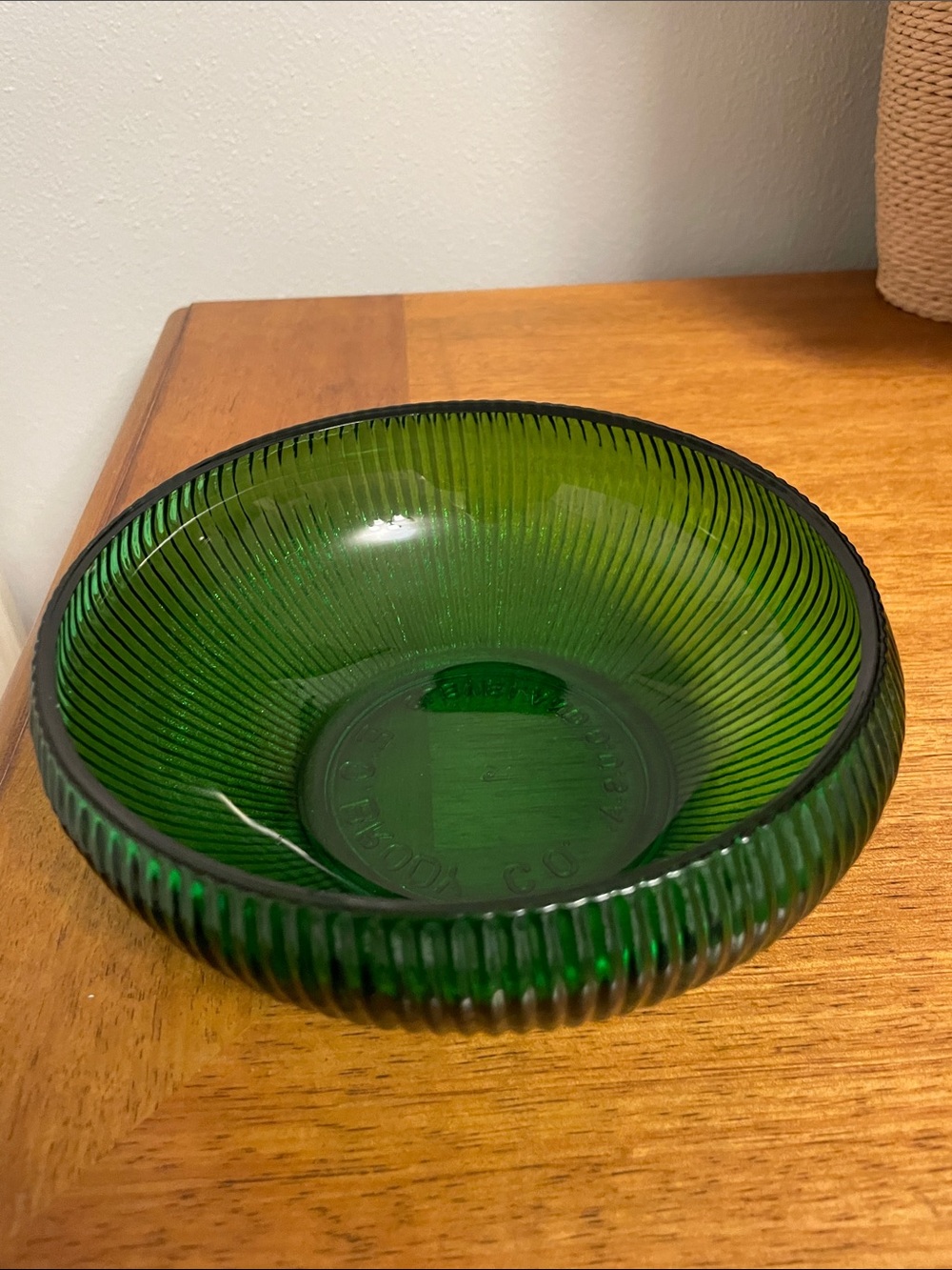 Vintage E. O. BRODY CO. Cleveland O. USA Green Round Ribbed Glass Bowl Gorgeous